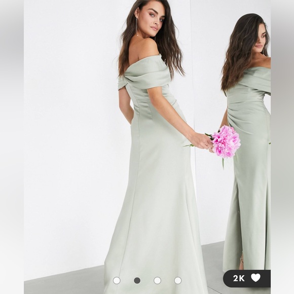 ASOS EDITION satin bardot drape wrap maxi dress in sage green - Picture 2 of 6